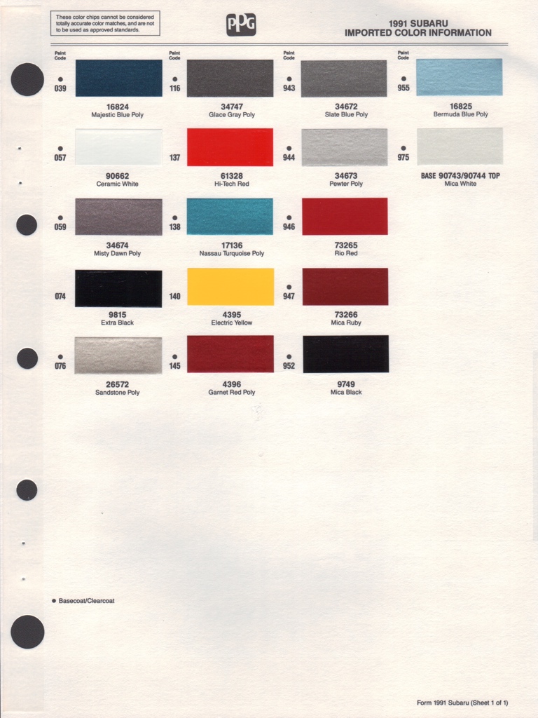 1991 Subaru Paint Charts PPG